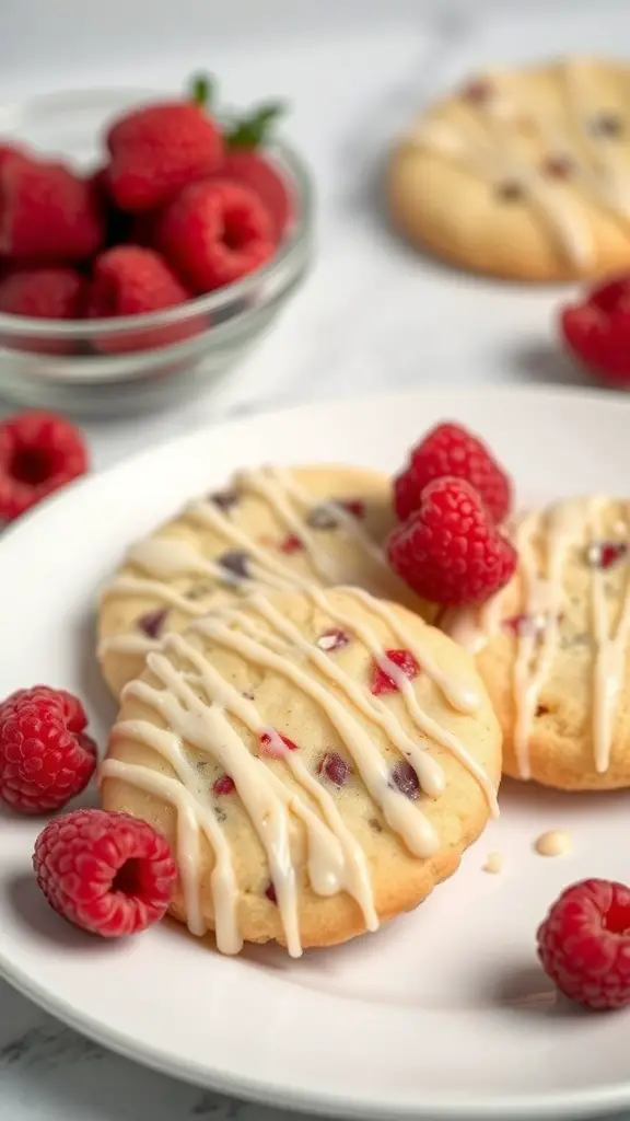 Sugar-free raspberry almond cookies on a plate with fresh raspberries.