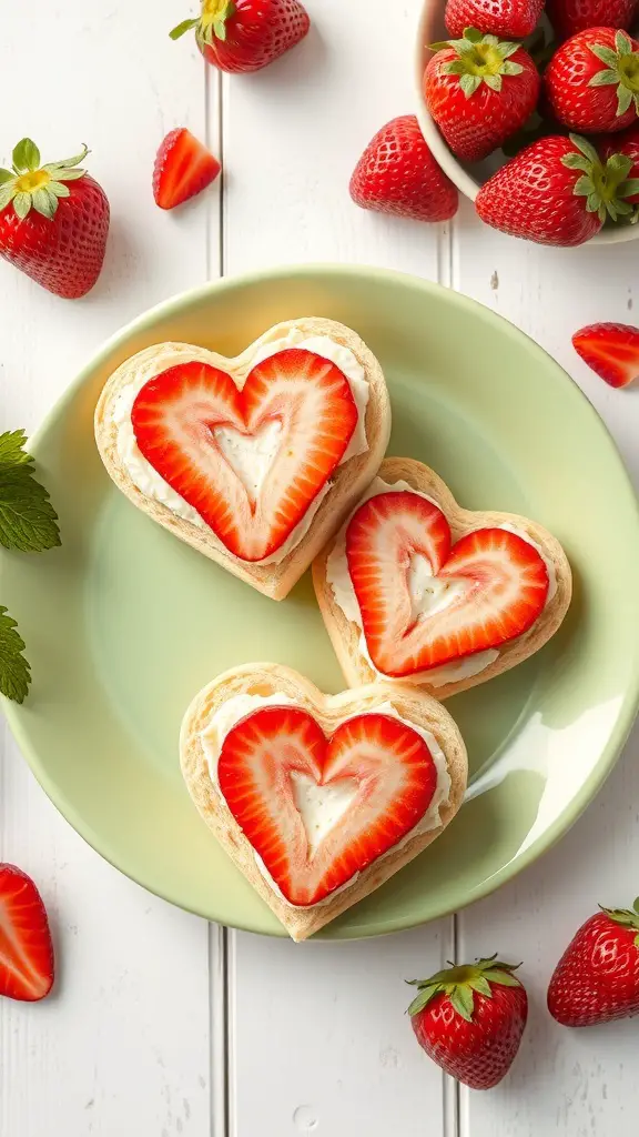 Heart-shaped strawberry sandwiches on a green plate with fresh strawberries around them.