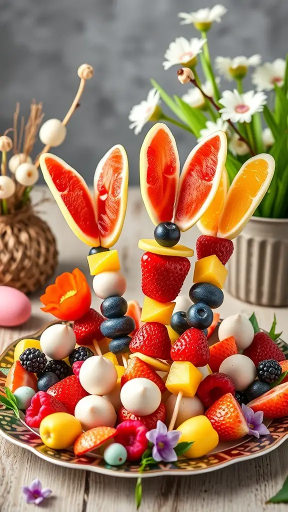 Colorful fruit kebabs arranged to look like bunny ears, featuring strawberries, blueberries, and citrus slices.