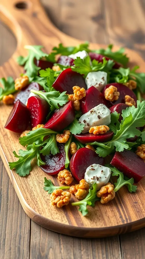 A colorful roasted beet and goat cheese salad on a wooden platter