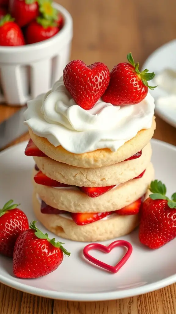A stack of strawberry shortcake topped with whipped cream and heart-shaped strawberries.