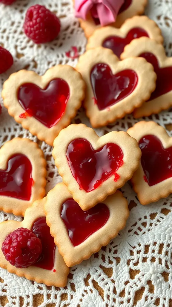 Heart-shaped cookies filled with raspberry jam on a lace tablecloth