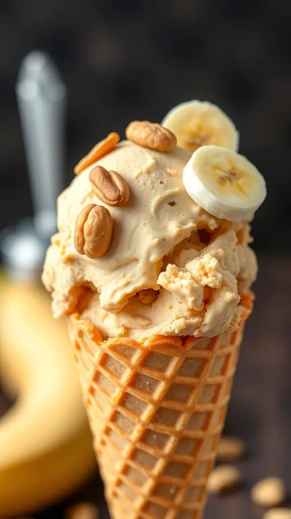 A scoop of peanut butter banana ice cream in a waffle cone, topped with banana slices and peanuts.