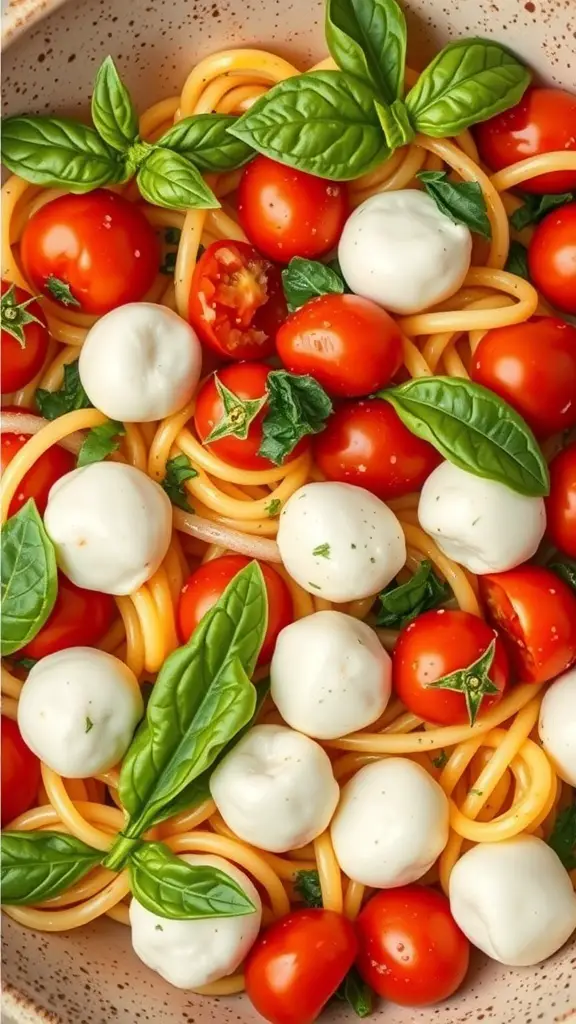 A vibrant pasta salad featuring cherry tomatoes, mozzarella balls, and fresh basil.