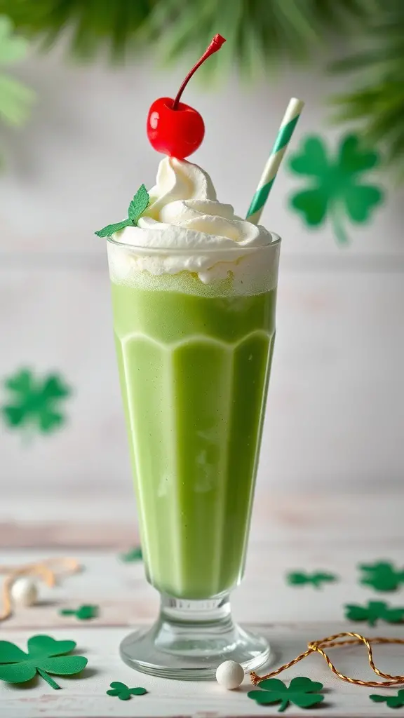 A Shamrock Shake Cocktail in a tall glass, topped with whipped cream and a cherry, surrounded by green decorations.