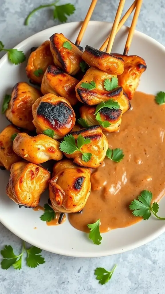 Grilled chicken satay skewers served with peanut sauce and garnished with cilantro.
