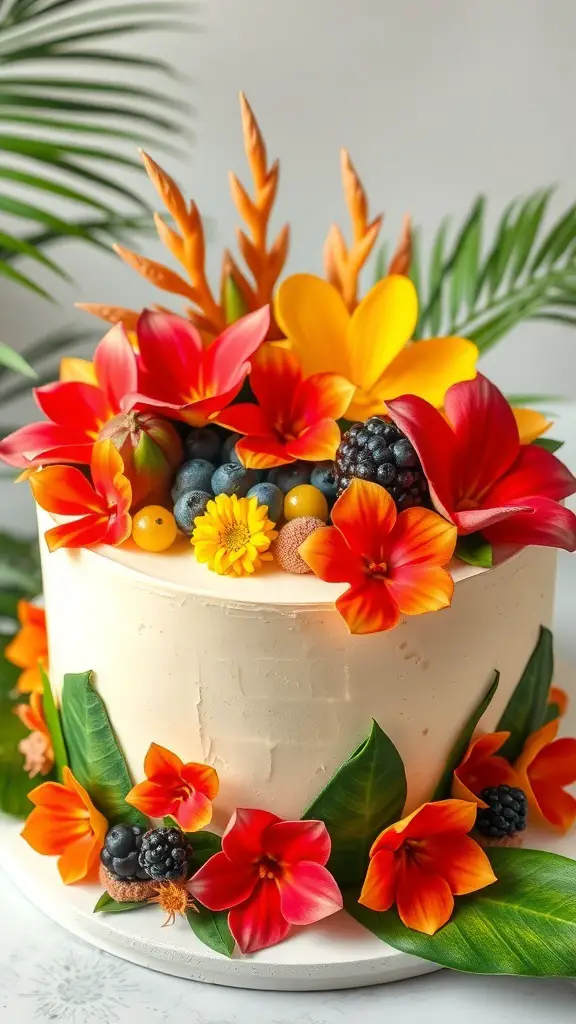 A beautifully decorated Tropical Garden Cake with vibrant flowers and fresh fruits.