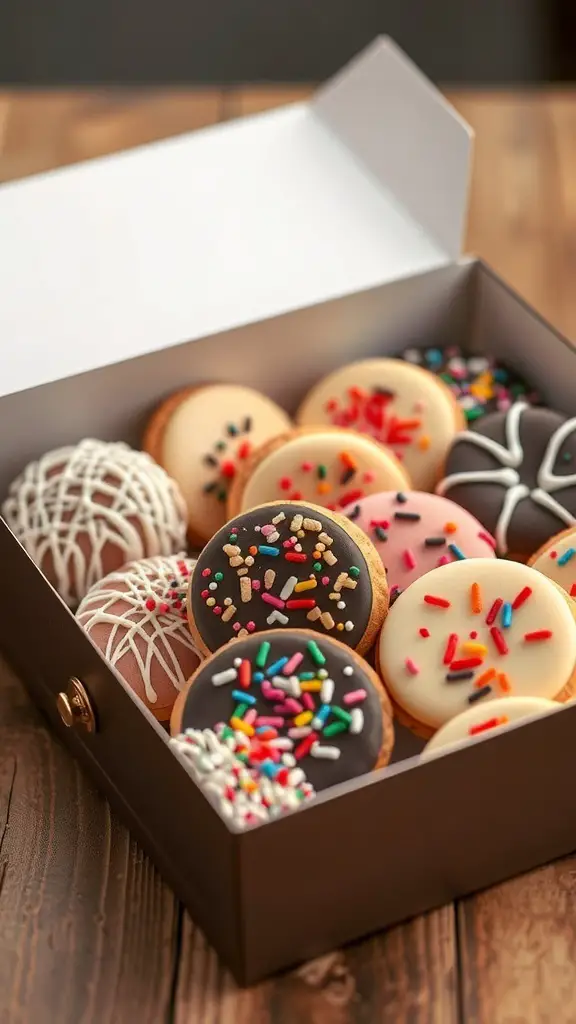 A gourmet cookie selection in a box featuring various decorated cookies with sprinkles.