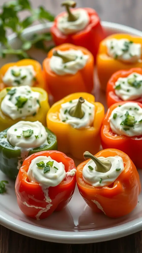 Colorful stuffed mini peppers filled with cream cheese and garnished with herbs on a white plate.