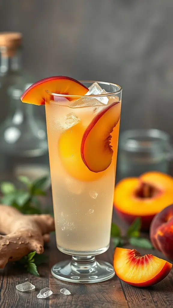 A refreshing Ginger Peach Fizz mocktail in a tall glass, garnished with peach slices and surrounded by fresh peaches and ginger.