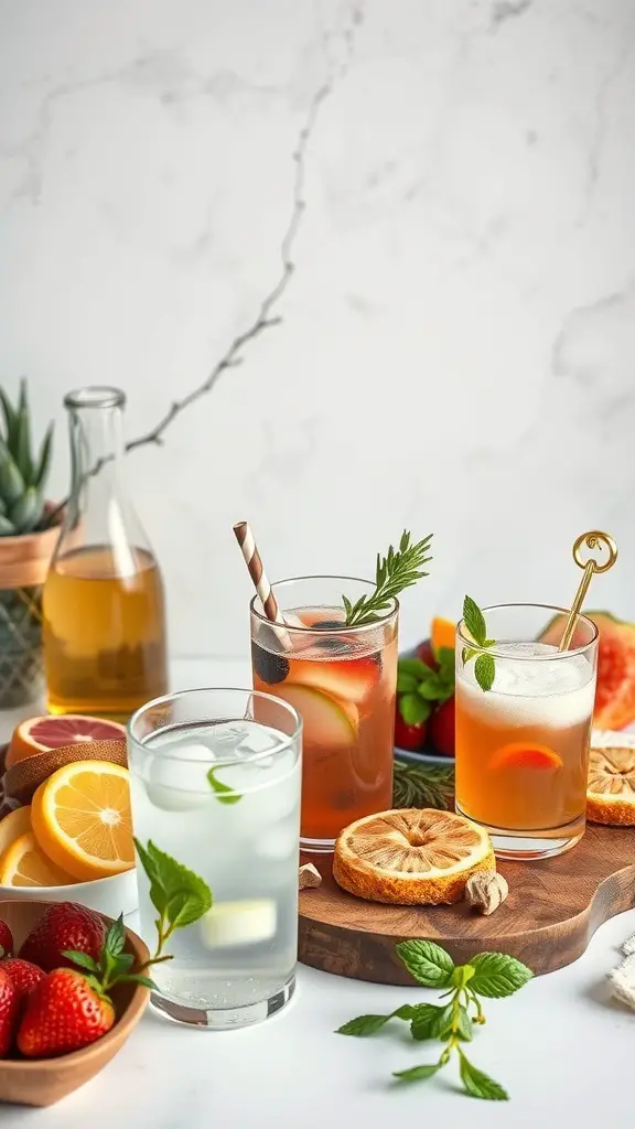 A colorful display of drinks and fruits on a grazing board