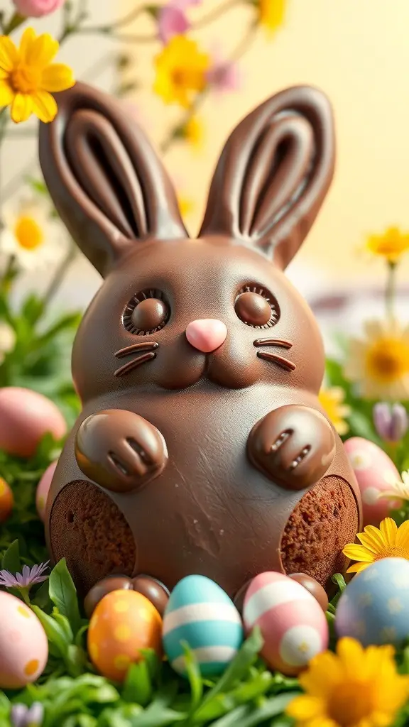 A chocolate bunny cake surrounded by colorful Easter eggs and flowers.