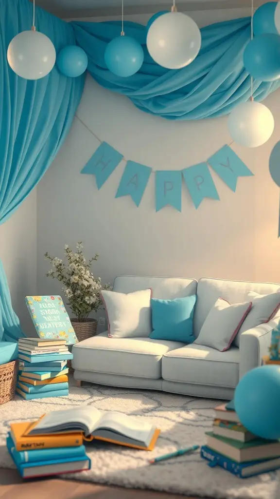 A cozy Bluey-themed storytime corner with blue decorations, a comfortable couch, and stacks of colorful books.