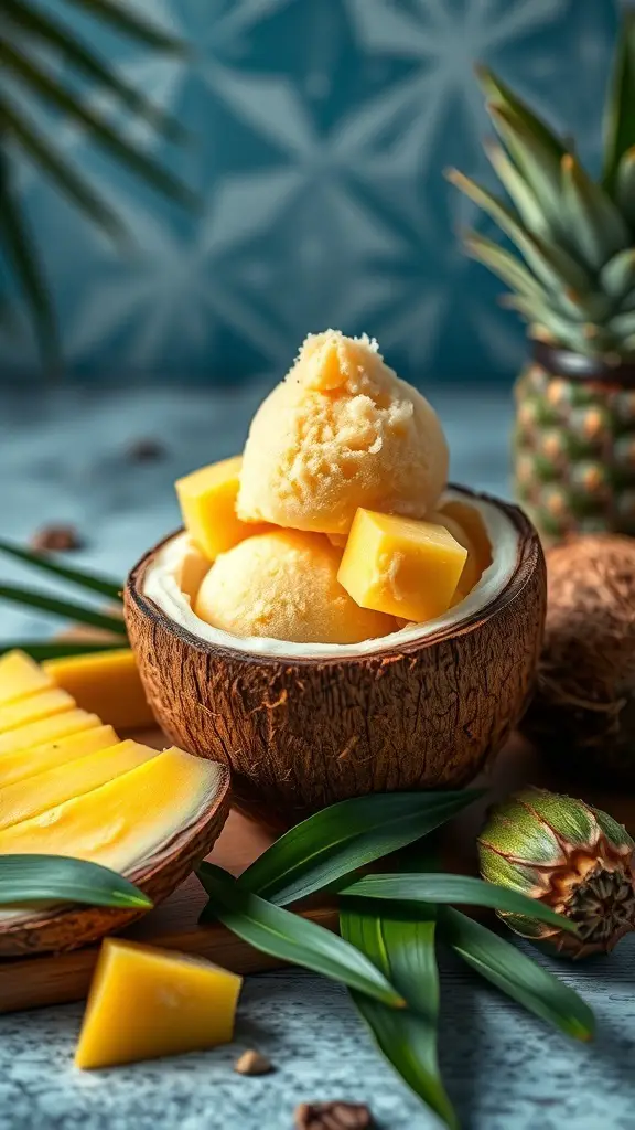 A bowl of mango coconut sorbet with fresh mango chunks and coconut shell.