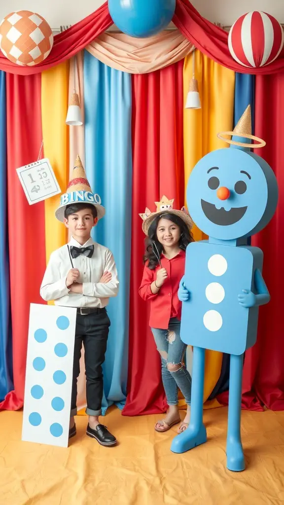 Kids posing at a Bluey-themed photo booth with colorful backdrop and props.