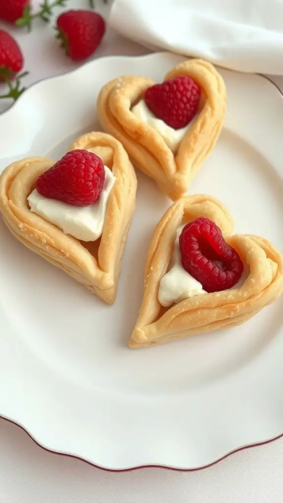 Three heart-shaped pastries filled with cream cheese and topped with raspberries on a white plate.