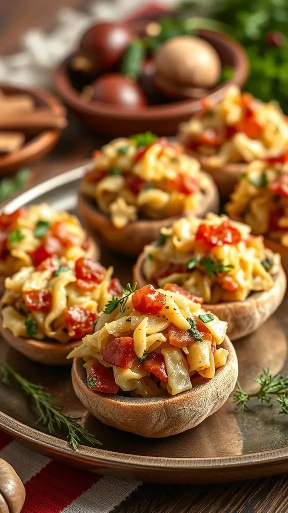 A plate of cabbage and bacon stuffed mushrooms, garnished with herbs.