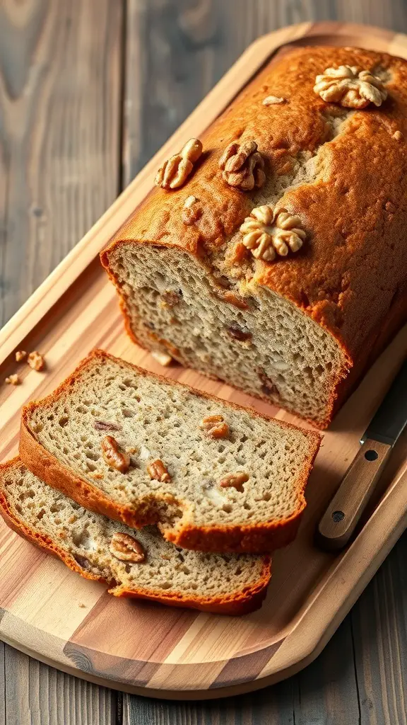 A loaf of banana bread with walnuts, sliced and placed on a wooden board.