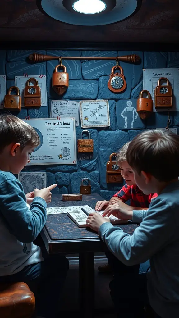 Kids solving puzzles in an escape room setting.