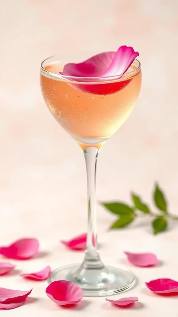 A glass of Rose Petal Infused Mimosa garnished with a rose petal, surrounded by pink rose petals on a soft background.