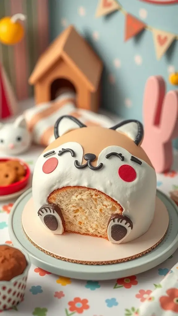 A cute bento cake shaped like a fox, featuring a smiling face and playful design.