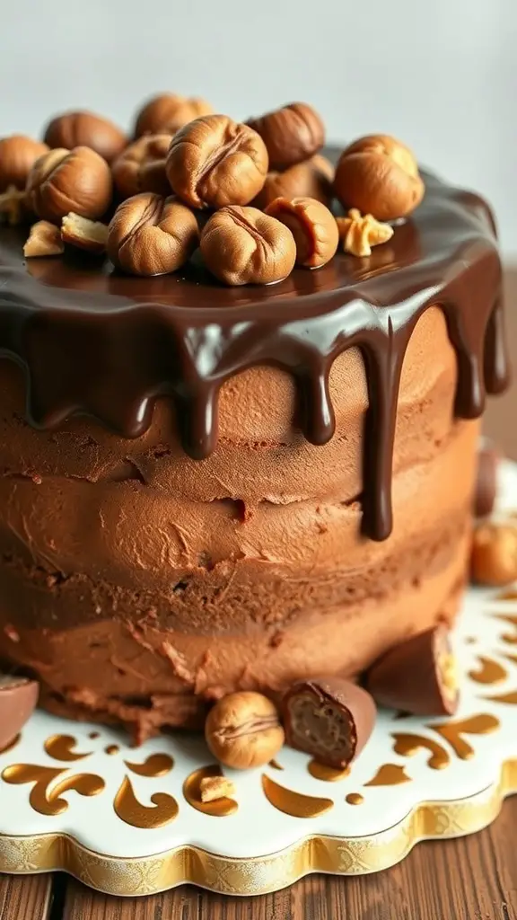 A delicious Chocolate Hazelnut Layer Cake topped with hazelnuts and chocolate drizzle.