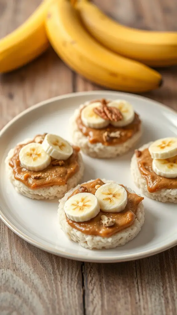 Rice cakes topped with nut spread and banana slices on a plate, with bananas in the background.
