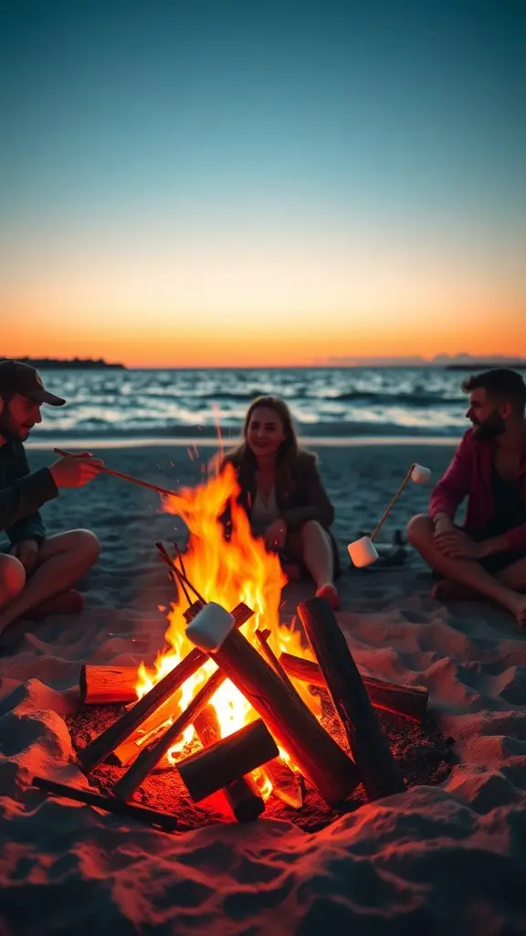 Friends enjoying a bonfire on the beach at sunset