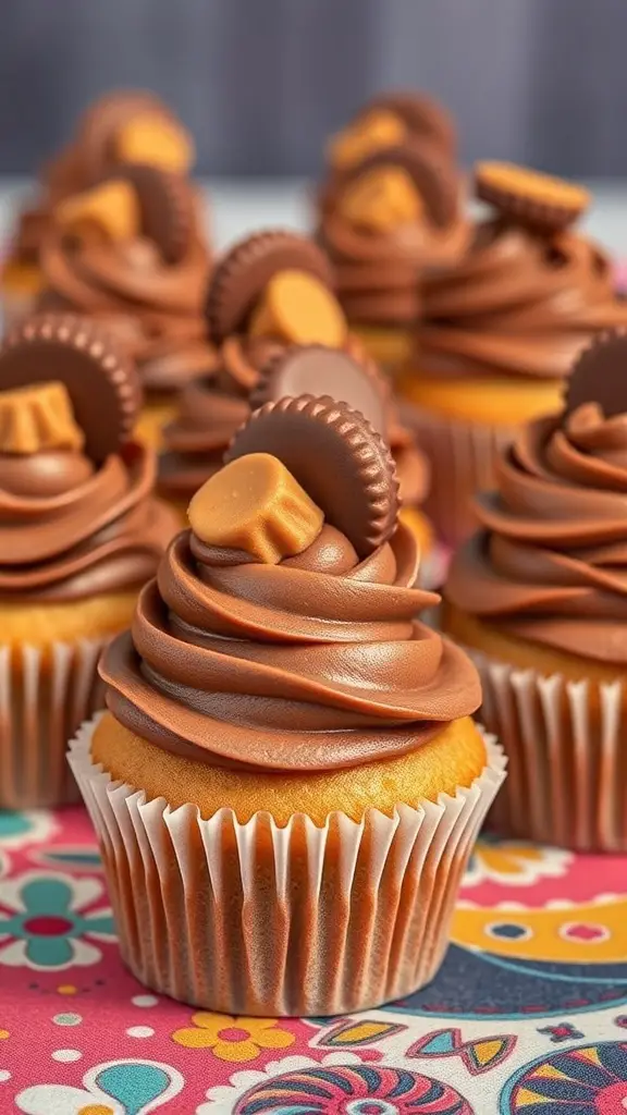 Delicious peanut butter cup cupcakes with chocolate frosting and mini peanut butter cups on top.
