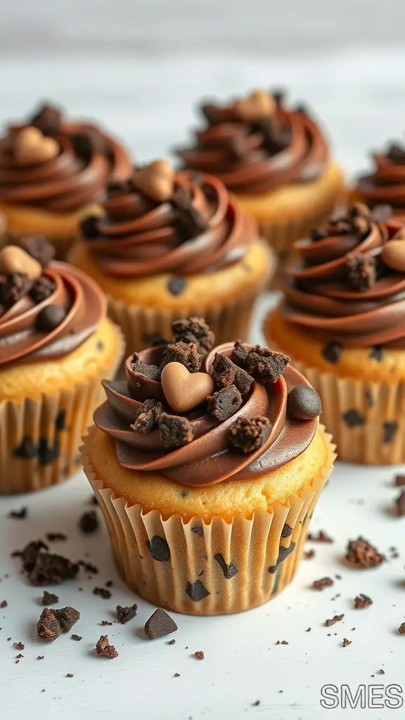 Heart-shaped chocolate chip cookie dough cupcakes with chocolate frosting and heart-shaped toppings.