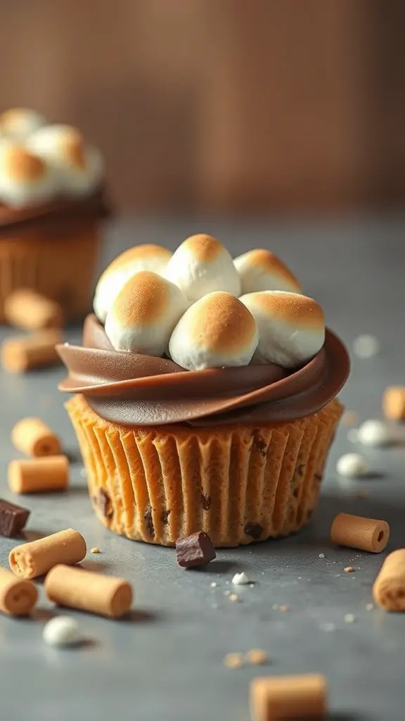 Delicious s'mores cupcakes topped with toasted marshmallows and chocolate frosting.
