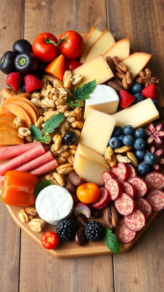 A colorful seasonal harvest charcuterie board featuring fruits, cheeses, nuts, and meats.