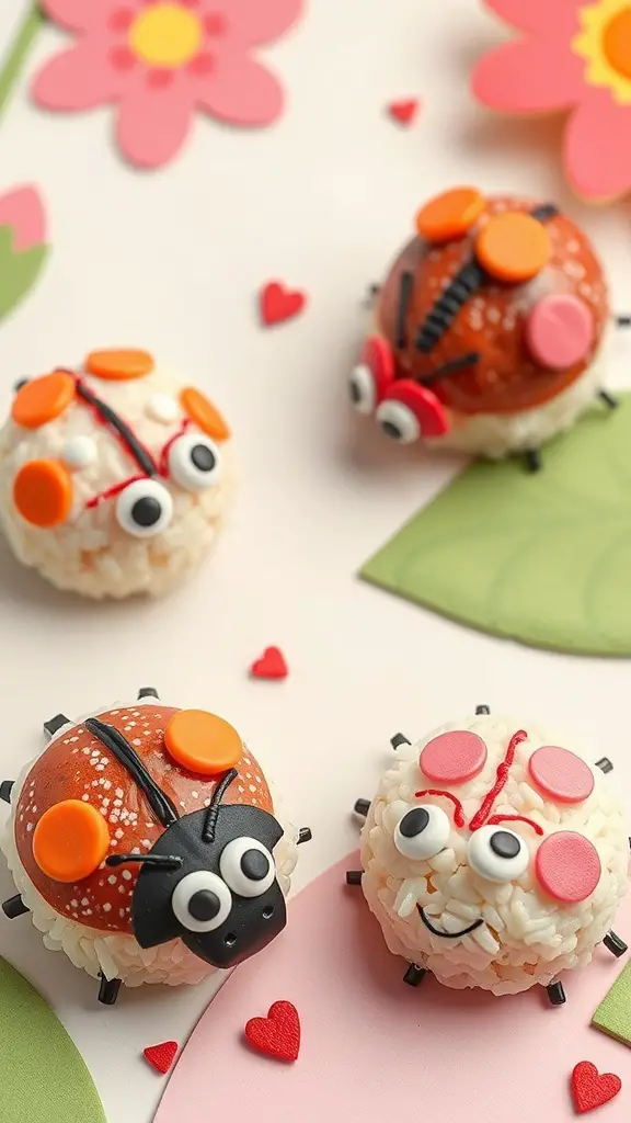 Colorful rice cakes shaped like ladybugs, decorated with icing and candy, surrounded by flowers and hearts.