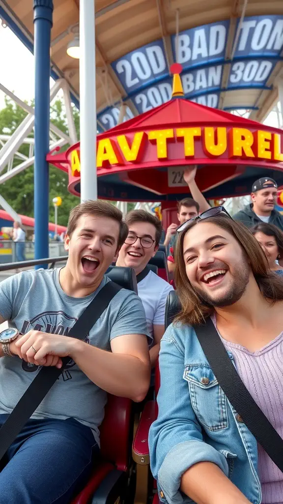A group of friends enjoying a ride at an amusement park, smiling and excited.