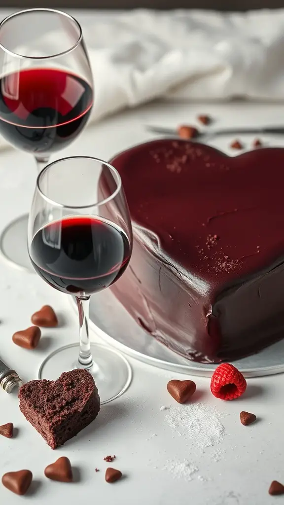 A heart-shaped chocolate cake with red wine glaze, surrounded by chocolate hearts and raspberries.