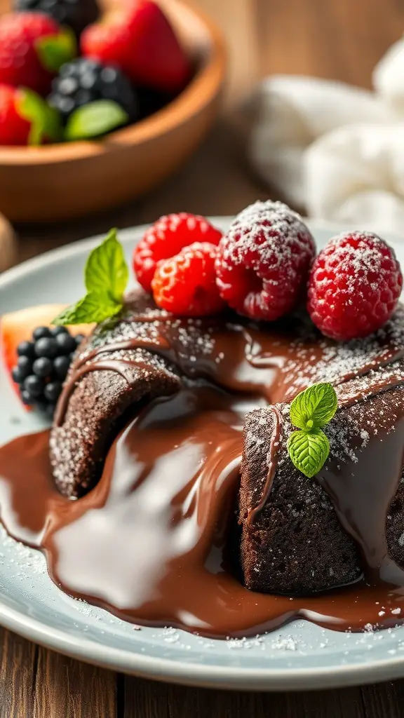 A plate of chocolate lava cake topped with fresh raspberries and mint, with a bowl of mixed berries in the background.