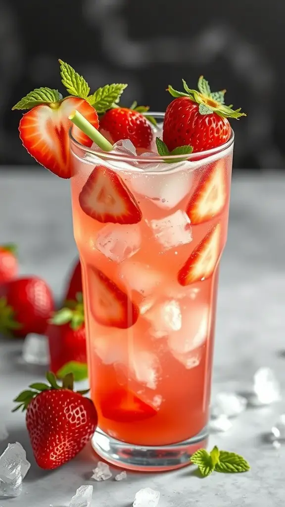 A refreshing Strawberry Mint Cooler mocktail with ice and fresh strawberries