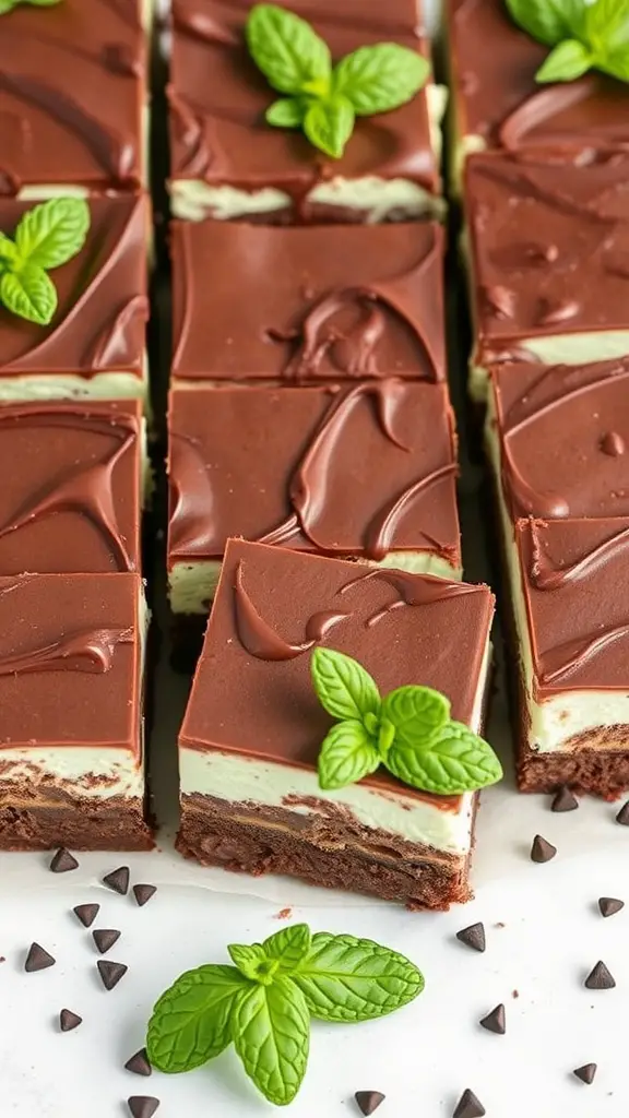 Chocolate mint cheesecake bars topped with chocolate and mint leaves