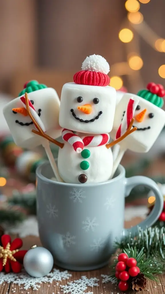 Cute marshmallow snowman pops in a festive mug