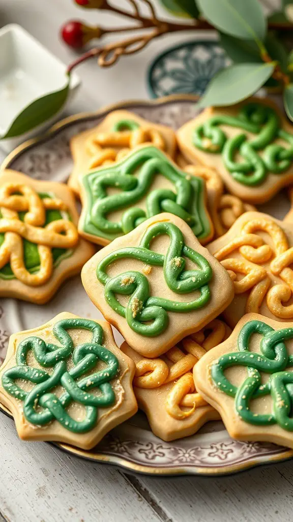 A plate of beautifully decorated Celtic knot cookies in green and gold icing.
