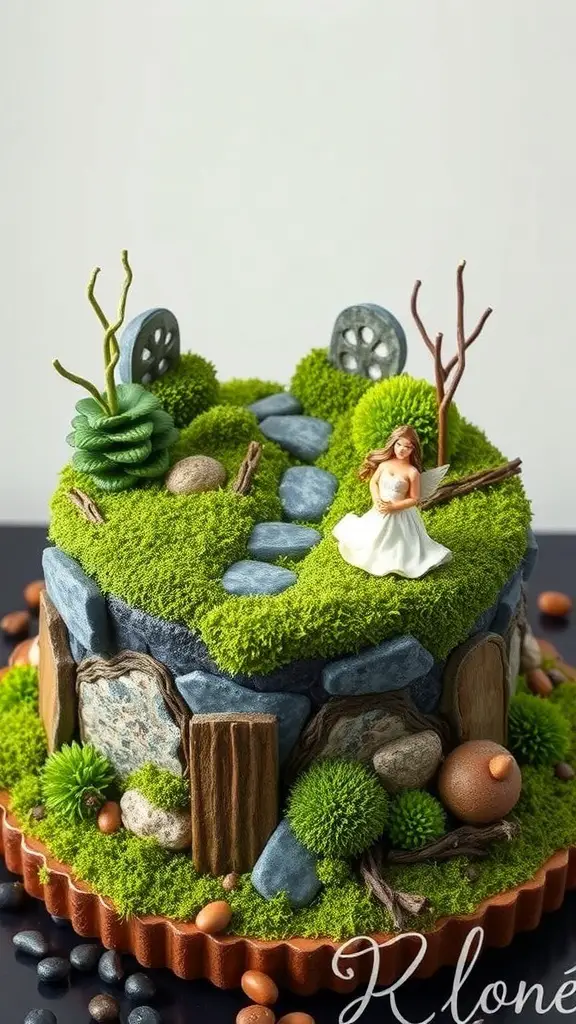 A beautifully crafted cake resembling a garden with moss, stones, and a small figure.