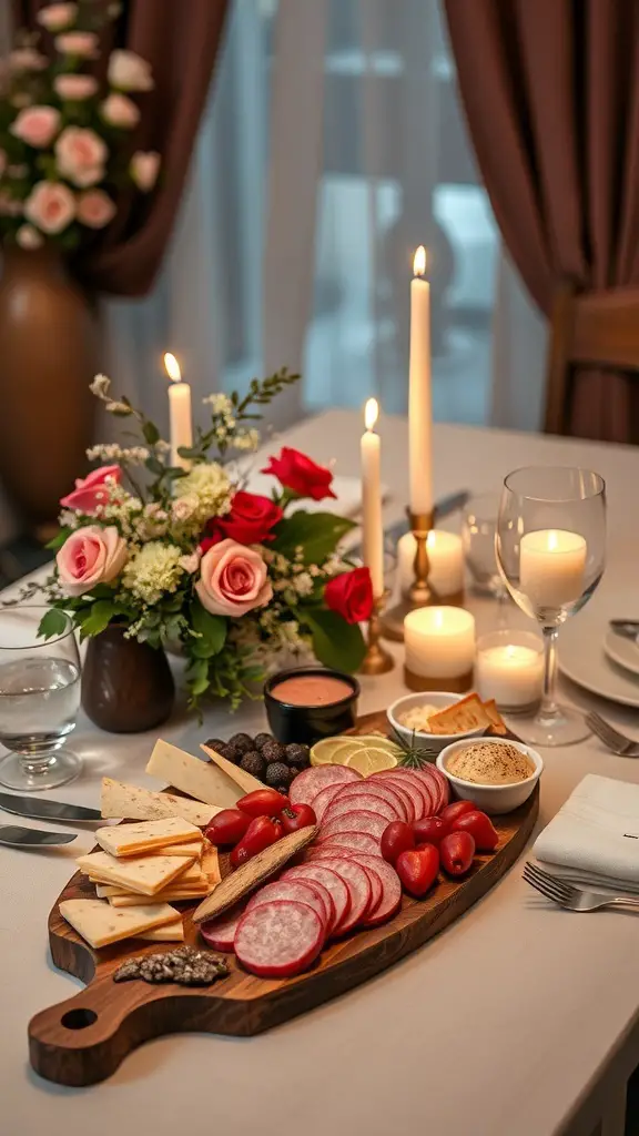 A romantic Valentine's themed table setting featuring a charcuterie board with meats, cheeses, and fresh tomatoes, surrounded by candles and flowers.