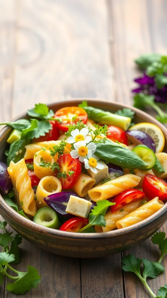 A colorful bowl of spring vegetable pasta salad with lemon vinaigrette, featuring pasta, cherry tomatoes, cucumbers, and herbs.