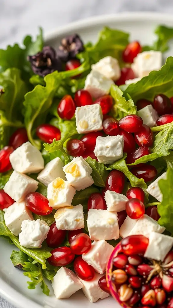 A fresh salad with pomegranate seeds, feta cheese, and greens.