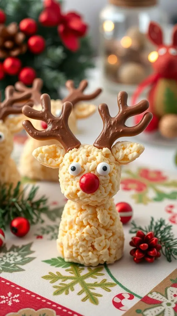 Cute Rudolph Rice Krispie Treats with chocolate antlers and red candy noses