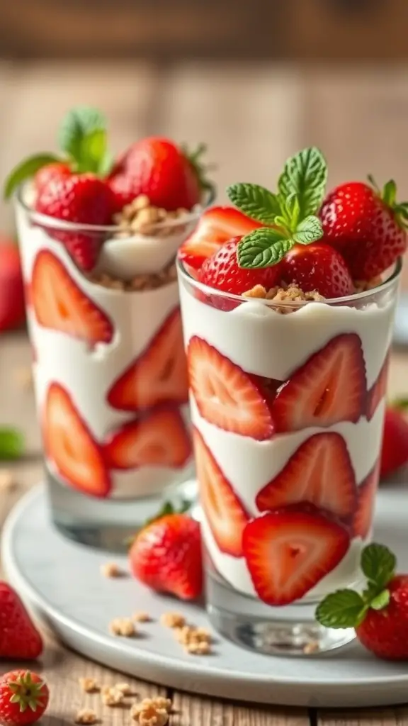 Two strawberry yogurt parfaits with layers of yogurt, sliced strawberries, and granola, garnished with mint leaves.