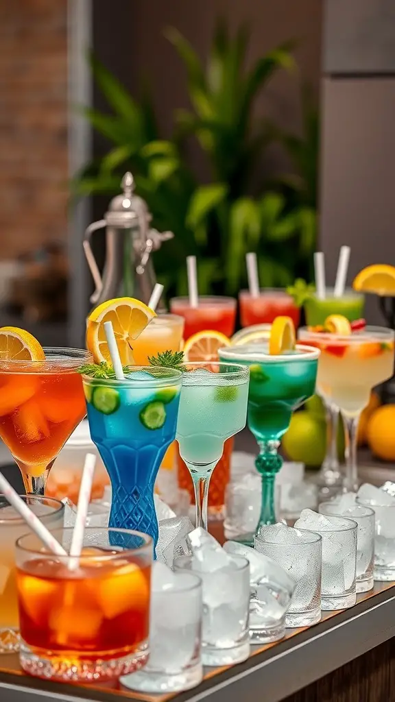 A colorful beverage station with various cocktails and mocktails garnished with fruits and herbs.
