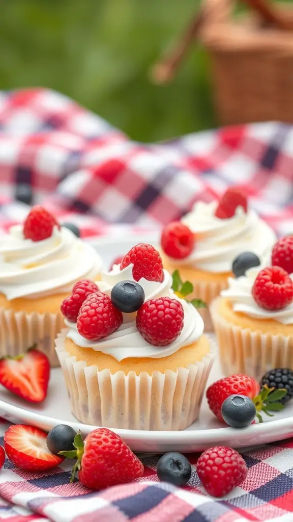 Berry Burst Vanilla Cupcakes topped with fresh raspberries and blueberries on a picnic blanket