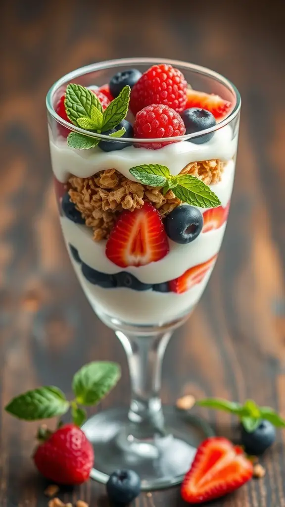 A delicious fresh fruit parfait with layers of yogurt, granola, and mixed berries.