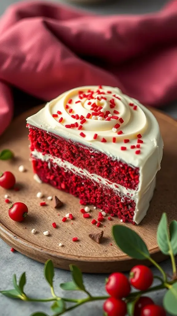 A slice of red velvet cake with cream cheese frosting and sprinkles on a wooden plate.